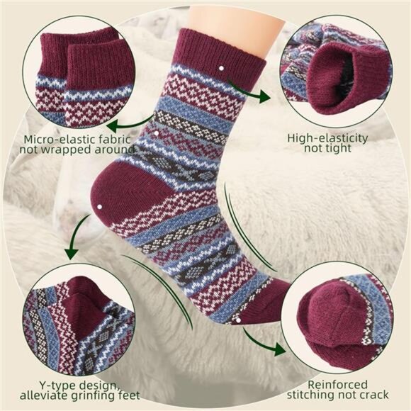 Womens Wool Socks 5 Pairs Winter Warm Thick Knit Wool Soft Vintage Casual Crew - Picture 2 of 7